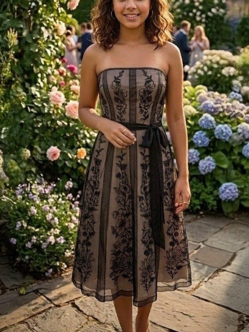 BCBG MAXAZRIA Strapless Fit&Flare Midi Embroidered Mesh Brown Lace Floral Dress